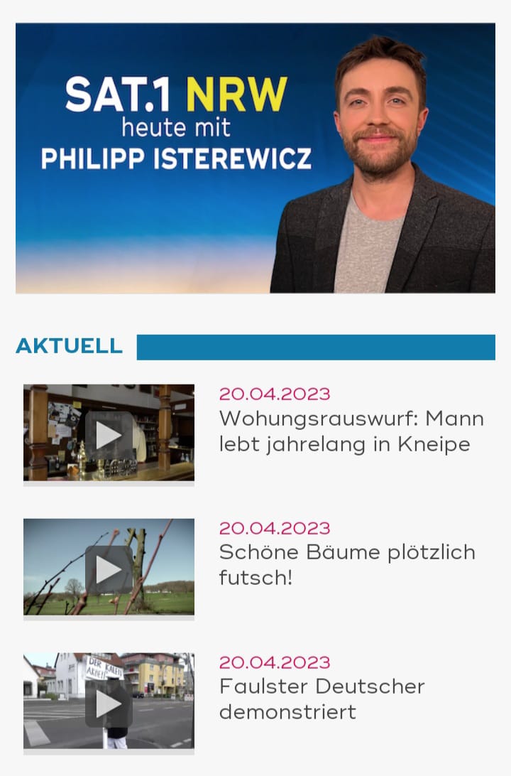 TV Film Beitrag auf SAT.1 NRW : Faulster Deutscher demonstriert. Kann im Archiv von SAT.1 NRW vom 20.04.23 angeschaut werden